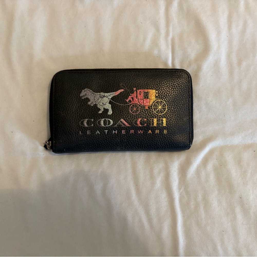 Coach Black Leather Zip Wallet with Multicolor Logo